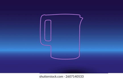Neon electric kettle symbol on a gradient blue background. The isolated symbol is located in the bottom center. Gradient blue with light blue skyline