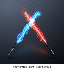 Neon electric light swords. Crossed light sabers isolated on transparent background. Vector illustration.