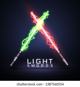 Neon electric light swords. Crossed light sabers isolated on darck background. Vector illustration.