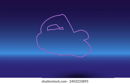 Neon electric plane symbol on a gradient blue background. The isolated symbol is located in the bottom center. Gradient blue with light blue skyline