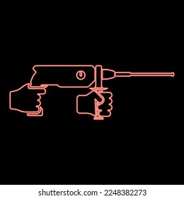 Neon electric rotary hammer drill in hand holding tool use Arm using Power tool red color vector illustration image flat style light