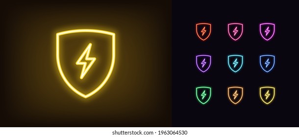 Neon electric shield icon. Glowing neon shield with lightning sign, outline charge pictogram. Safe charging, electric station, voltage protection, spark. Vector icon set, sign, symbol for UI