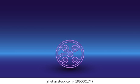 Neon electrical board symbol on a gradient blue background. The isolated symbol is located in the bottom center. Gradient blue with light blue skyline