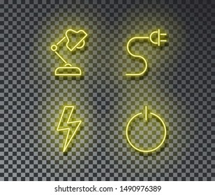Neon electricity signs vector isolated on brick wall. Light lamp, charge on, lightning bolt light symbol, decoration effect. Neon energy illustration.