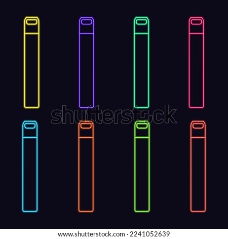 Neon electronic cigarettes set. E-cigarette for vaping. Equipment for smoking. Disposable electronic cigarettes. Vape mods. Neon advertising signboard. Night glowing banner.