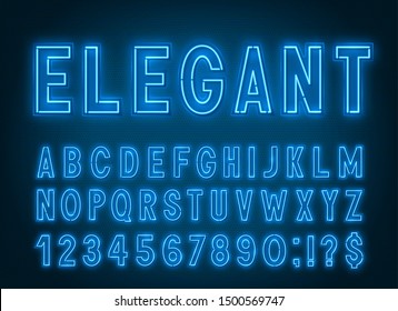 Neon Elegant Blue Font, Light Alphabet With Numbers On A Dark Background.