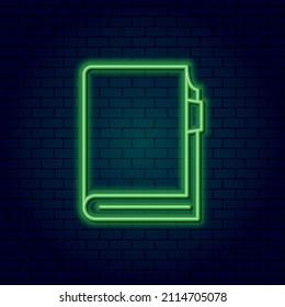 Libro electrónico de elementos neon, carpeta con archivos. Signo de luz retro en fondo oscuro
