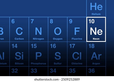 Neon element on the periodic table. Noble gas and chemical element with symbol Ne from Greek neos, meaning new, and with atomic number 10. Used in neon glow lamps with distinct reddish-orange glow.