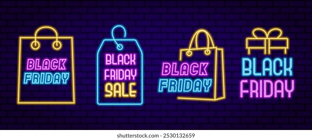 Elemento de néon definido para Black Friday. Ilustração vetorial para criar designs promocionais, anúncios de vendas vibrantes e visuais dinâmicos de eventos de varejo