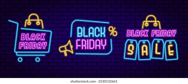 Elemento de néon definido para Black Friday. Ilustração vetorial para criar promoções de vendas, anúncios de varejo e visuais de marketing