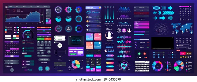 Neon elements for UI, UX, WEB design. Universal interface with Neon colors and elements with high detail. UI,UX, KIT, Web template - buttons, switches, bars,  screens display, calendar, search. Vector