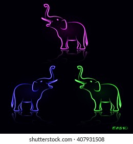 Neon elephant on a black backround, abstract lights vector backgrounds