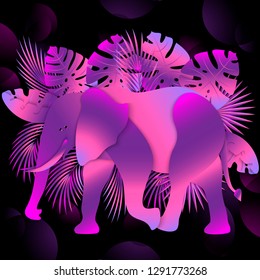 Neon elephant on futuristic black background with exotic palm leaves. Art collage, 3d vector illustration. Paper cut out style.