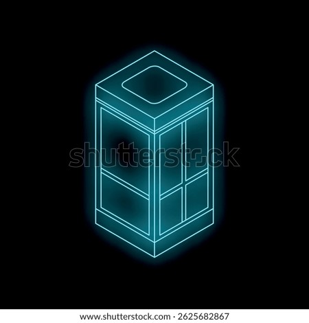 Neon elevator isometric illustration glowing on black background