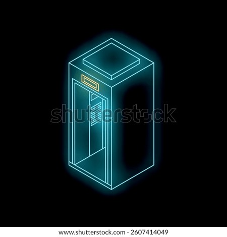 Neon elevator sign glowing in dark background, concept of accessibility and modern architecture