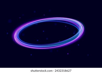 Neon ellipse in the form of speed. Glowing spiral. Abstract neon color glowing lines background. The energy flow tunnel. Shine round frame with light circles light effect.