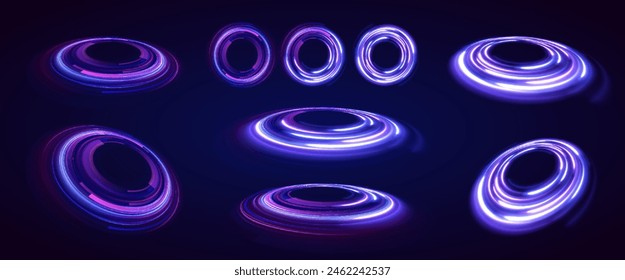 Neon ellipse in the form of speed. Glowing spiral. Abstract neon color glowing lines background. The energy flow tunnel. Shine round frame with light circles light effect.	