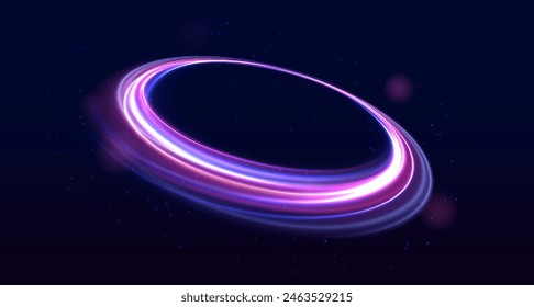 Neon ellipse in the form of speed. Glowing spiral. Abstract neon color glowing lines background. The energy flow tunnel. Shine round frame with light circles light effect.	