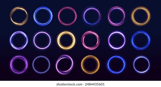 Elipse de neón en forma de velocidad. Espiral brillante. Abstractas color de neón brillante líneas de fondo. El túnel de flujo de energía. Brilla marco redondo con círculos de luz efecto de luz.	