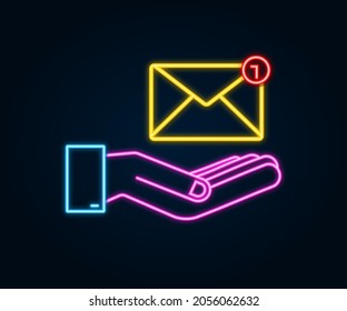 Neon Email Notification Concept With Hands. New Email. Vector Illustration.