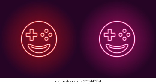 Neon emoji gamer, glowing sign. Vector illustration of emoji player with smile and joystick buttons instead of eyes in neon style, red and pink colors. Glowing icon and symbol for Cyber sport.