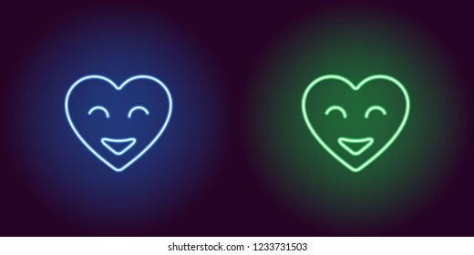 Neon emoji heart, glowing sign. Vector illustration of heart with smile in neon style, blue and green colors. Glowing funny icon and cute symbol for Valentine day.