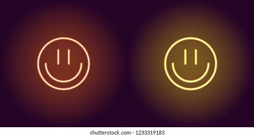 Neon emoji with smile, glowing sign. Vector illustration of cartoon emoji smile in neon style, orange and yellow colors. Glowing funny emoticon and symbol for Fun