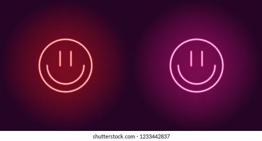 Neon emoji with smile, glowing sign. Vector illustration of cartoon emoji smile in neon style, red and pink colors. Glowing funny emoticon and symbol for Fun