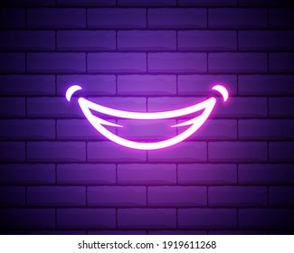 Neon emoji with smile, glowing sign. Vector illustration of cartoon emoji smile in neon style, purple colors. Glowing funny emoticon and symbol for Fun.