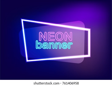 Neon empty sale banner vector illustration. Label template fashion 80s-90s. Electricity light text message frame. Dark blue colored blank mock up background. Glow festive modern flare shine.