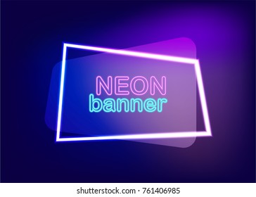 Neon empty sale banner vector illustration. Label template fashion 80s-90s. Electricity light text message frame. Dark blue colored blank mock up background. Glow festive modern flare shine.