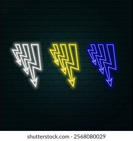 Neon energy lightning bolt shymbol. Electric power. Fast battery charging. Isolated on transparent background.