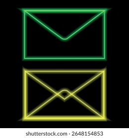 Neon envelope with a glow effect on a dark background. Vector drawing in the style of neon signs. Bright glowing green and yellow postal symbols.