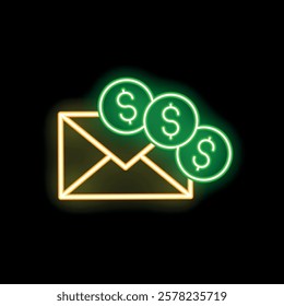 Neon envelope icon with dollar coins representing online banking and payment glowing green and yellow on a black background