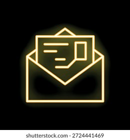 Neon envelope icon glowing yellow on a black background, depicting a letter being opened