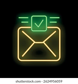 Neon envelope receiving confirmation with green check mark glowing on black background
