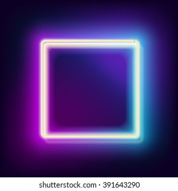 Neon e-square, glowing frame with light blue and lilac color with empty place for your text, vector illustration