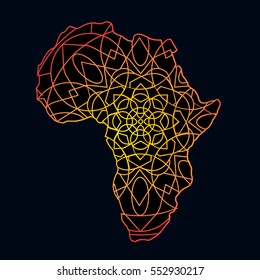 The neon ethnic map the mosaic of the continent and the mainland of Africa. Mandala. Abstract postcard and pattern. Vector illustration on black background.