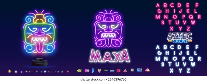 Neon Ethnic masks. Traditional ritual, ceremonial tribal mexican indian or african colorful masks, aboriginal zulu or aztec idol. Maya neon idol icon.