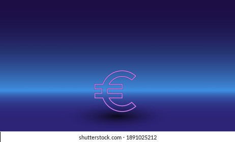 Neon euro symbol on a gradient blue background. The isolated symbol is located in the bottom center. Gradient blue with light blue skyline