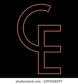 Neon euro-currency sign ECU European Symbol ecu CE ce red color vector illustration image flat style