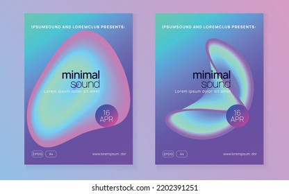 Neon Event. Wavy Art For Set. Dance And Show Design. Graphic Background For Cover Shape. Wave Techno Flyer. Purple And Turquoise Neon Event