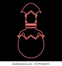 Neon evil dinosaur hatch from egg cracked eggshell red color vector illustration image flat style