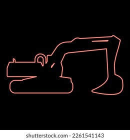 Neon excavator silhouette Special equipment Dusty digger Building machine red color vector illustration image flat style