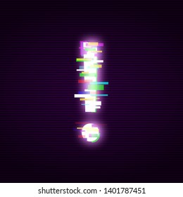 Neon exclamation mark with glitch effect abstract style, vector illustration isolated on black background. Illuminated distorted glitch exclamation point, modern glowing design element