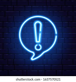 Neon exclamation mark. Glowing quiz banner. Color neon banner on brick wall. Realistic bright night signboard. Exclamation mark frame logo. Vector illustration