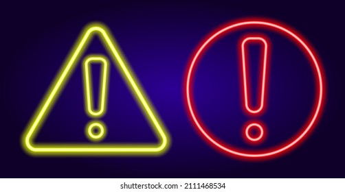 neon exclamation mark in triangle and circle.  A set of attention signs is an icon , an exclamation mark in a triangular shape of red in a yellow circle. isolated multicolored collection of glowing 
