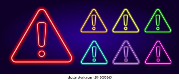 neon exclamation mark in a triangle. A set of attention signs of different colors is an exclamation mark in a triangular shape . isolated multicolored collection of glowing bug icons. Abstract red web