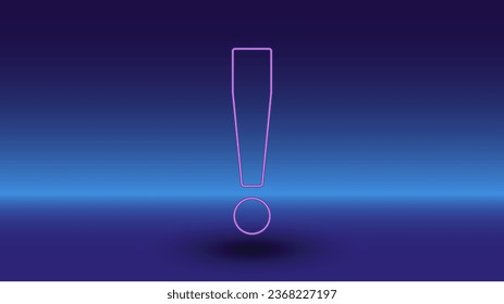 Neon exclamation symbol on a gradient blue background. The isolated symbol is located in the bottom center. Gradient blue with light blue skyline