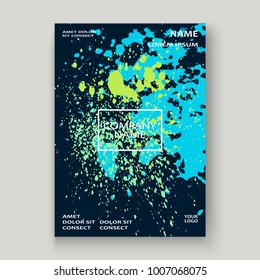 Neon explosion paint splatter artistic cover frame design. Decorative dust splash spray texture blue background. Trendy creative template vector Cover Report Catalog Brochure Flyer Poster Banner